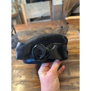 VIntage Plaza Suite Black Wool Felt Pillbox Hat Veil Rose Ribbon Womens